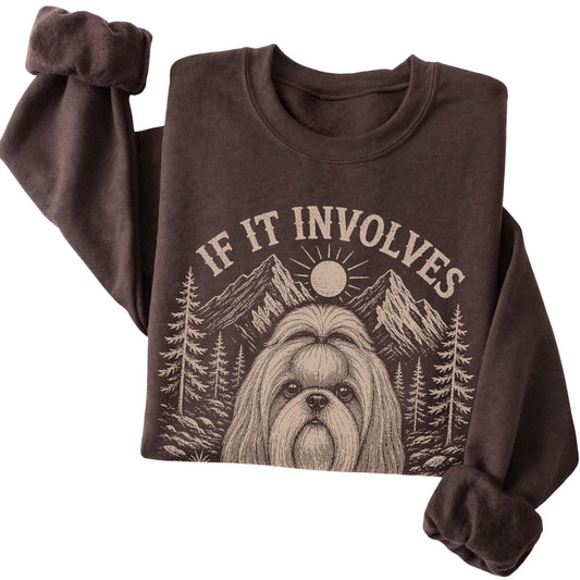 Dark Chocolate Hiking and Shih Tzus sweatshirt folded to show the printed design