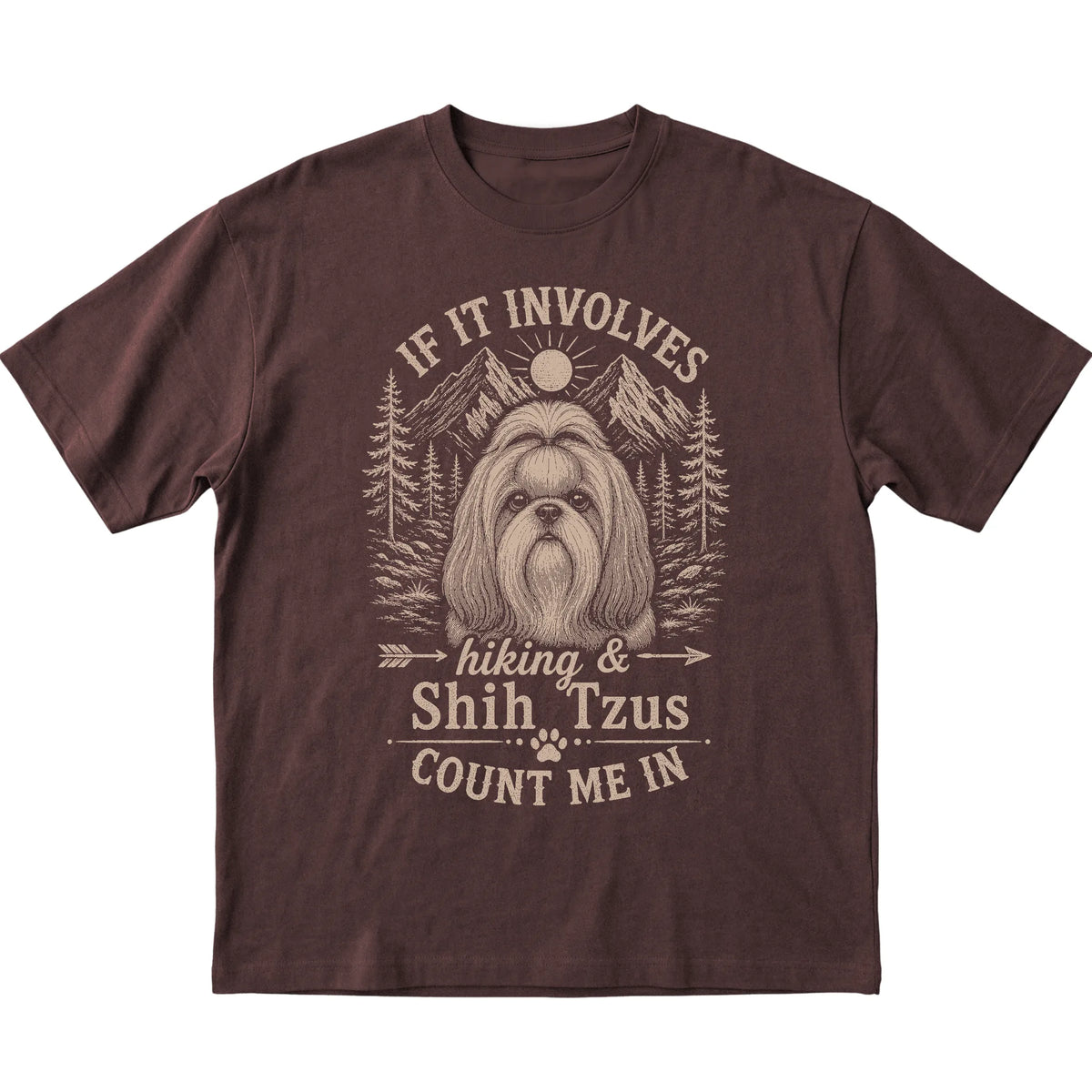 Dark Chocolate Hiking and Shih Tzus T-shirt laid flat