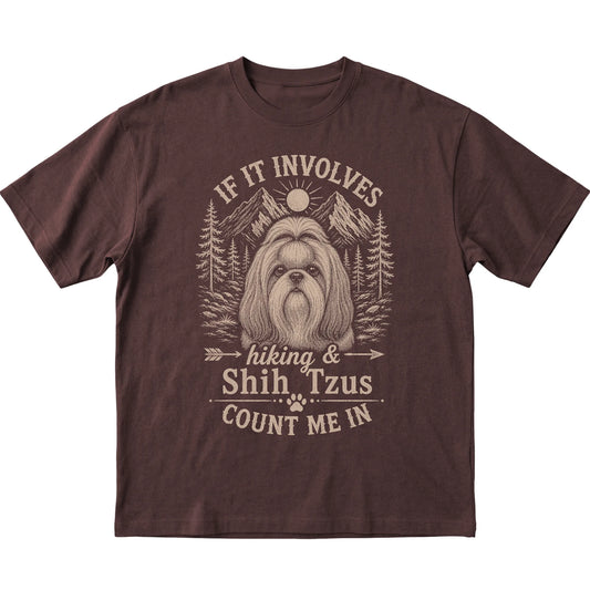 Dark Chocolate Hiking and Shih Tzus T-shirt laid flat