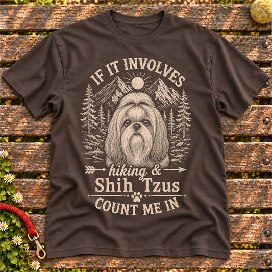 Shih Tzu Hiking and Shih Tzus on a Dark Chocolate T-shirt, shown flat