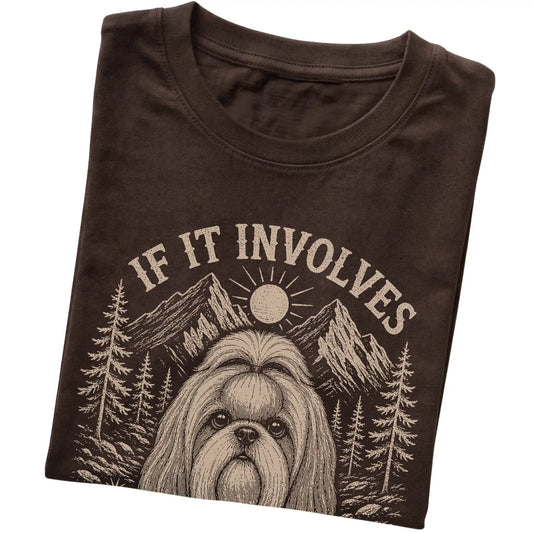Dark Chocolate Hiking and Shih Tzus T-shirt folded to show the printed design