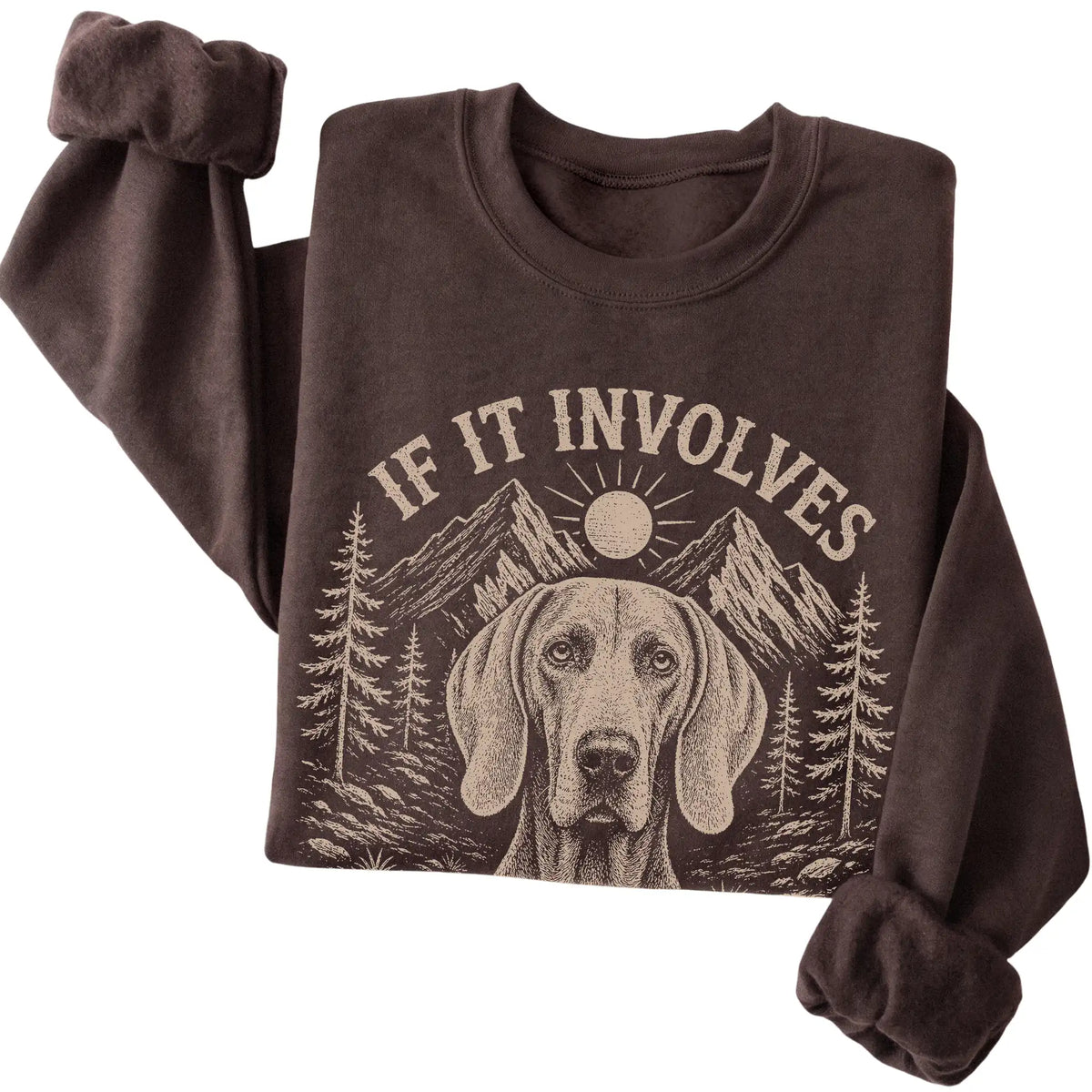 Dark Chocolate Hiking and Weimaraners sweatshirt folded to show the printed design