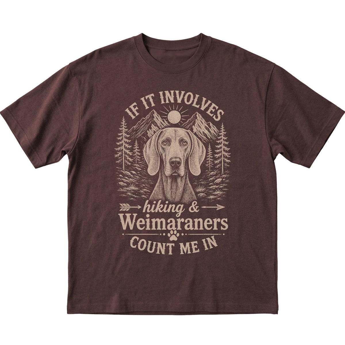 Dark Chocolate Hiking and Weimaraners T-shirt laid flat