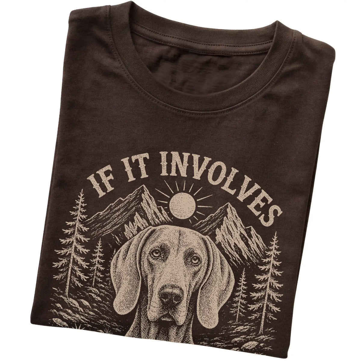 Dark Chocolate Hiking and Weimaraners T-shirt folded to show the printed design