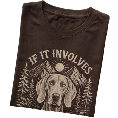 Dark Chocolate Hiking and Weimaraners T-shirt folded to show the printed design