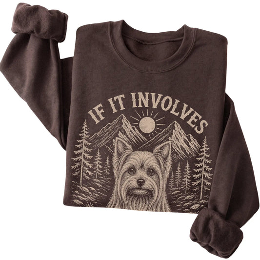 Dark Chocolate Hiking and Yorkies sweatshirt folded to show the printed design