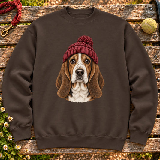 Dark Chocolate Basset Hound hipster sweatshirt with a dog portrait in a chunky maroon beanie