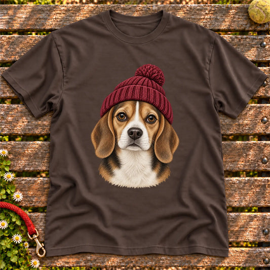 Dark Chocolate Beagle hipster T-shirt with a dog portrait in a chunky maroon beanie