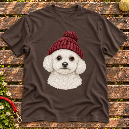 Dark Chocolate Bichon Frise hipster T-shirt with a dog portrait in a chunky maroon beanie