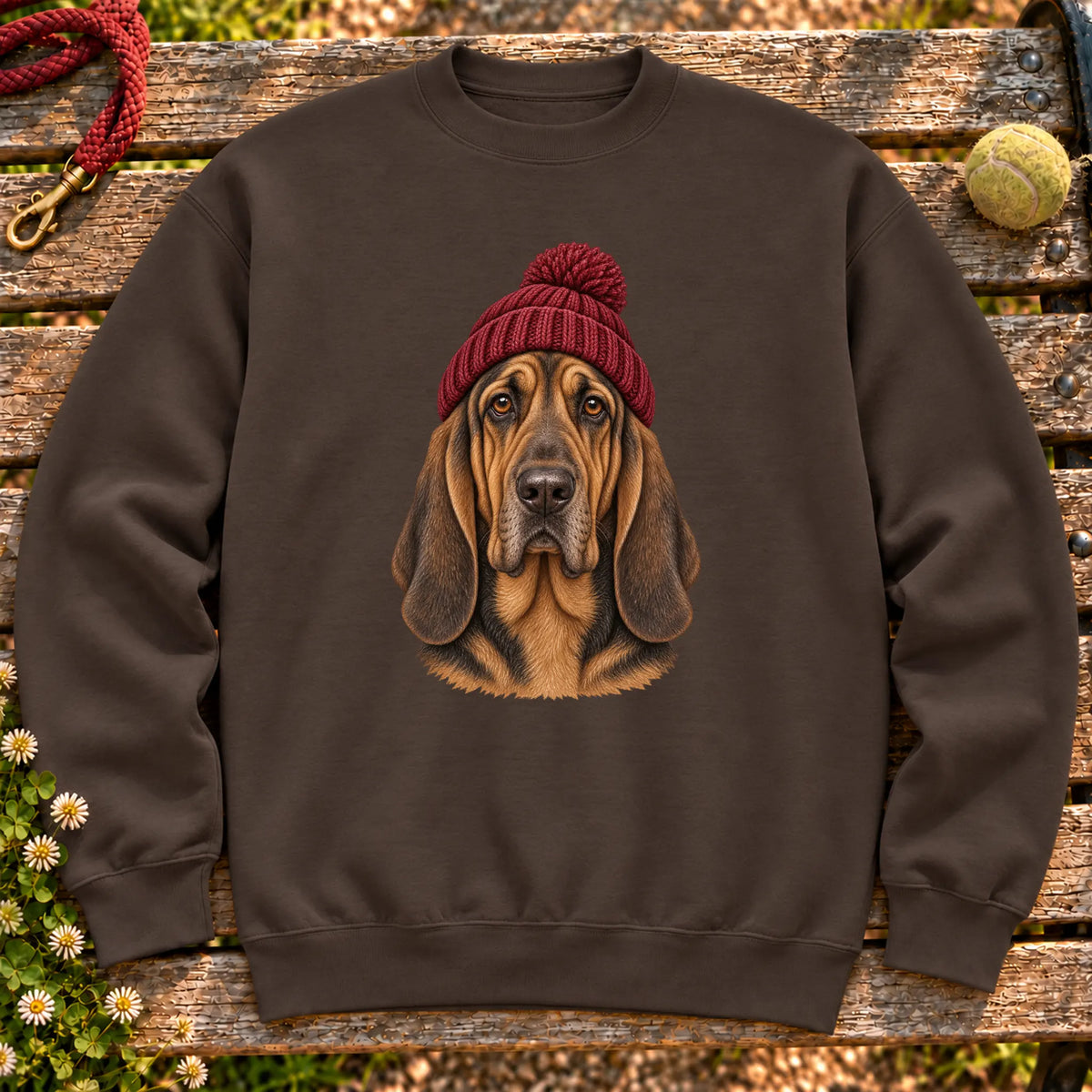 Dark Chocolate Bloodhound hipster sweatshirt with a dog portrait in a chunky maroon beanie