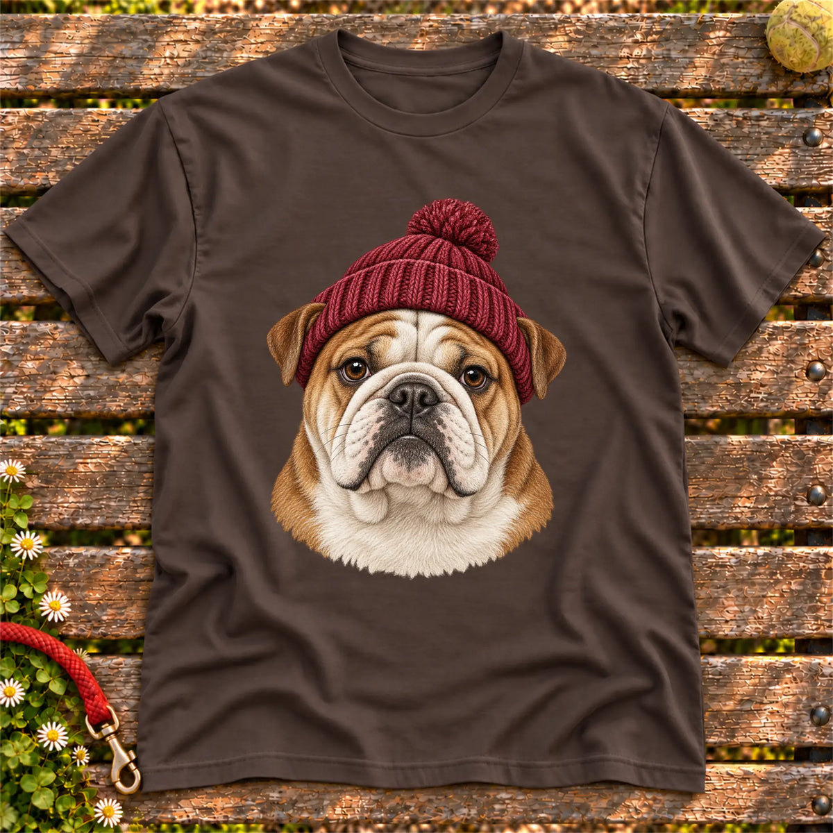 Dark Chocolate Bulldog hipster T-shirt with a dog portrait in a chunky maroon beanie