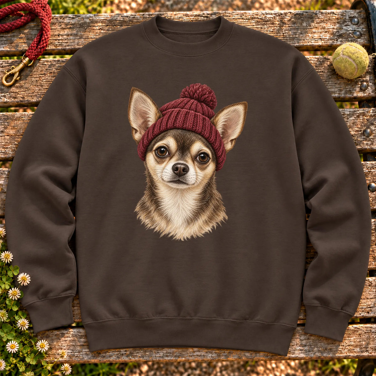 Dark Chocolate Chihuahua hipster sweatshirt with a dog portrait in a chunky maroon beanie