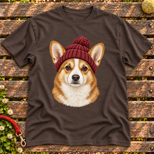 Dark Chocolate Corgi hipster T-shirt with a dog portrait in a chunky maroon beanie