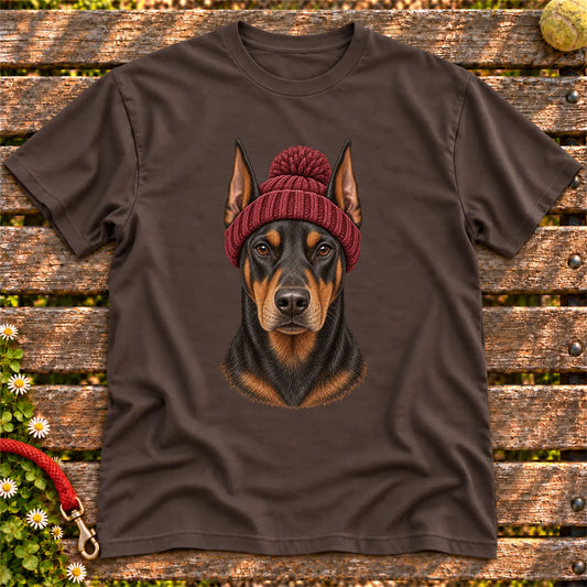 Dark Chocolate Doberman hipster T-shirt with a dog portrait in a chunky maroon beanie