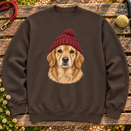 Dark Chocolate Golden Retriever hipster sweatshirt with a dog portrait in a chunky maroon beanie