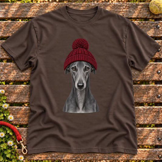 Dark Chocolate Greyhound hipster T-shirt with a dog portrait in a chunky maroon beanie