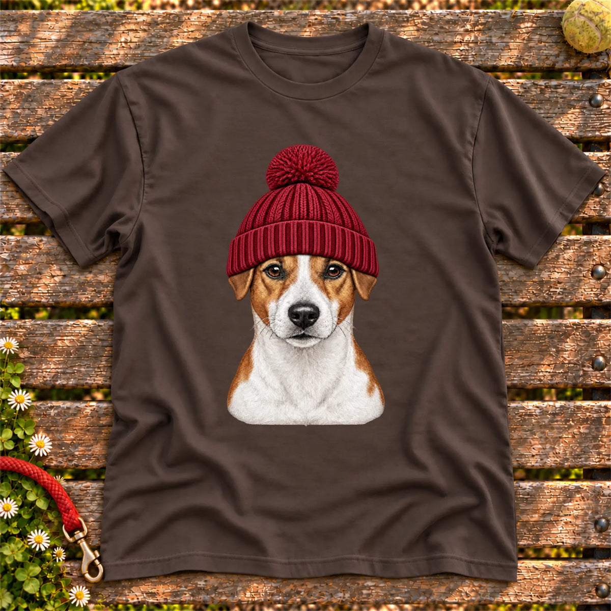 Dark Chocolate Jack Russell hipster T-shirt with a dog portrait in a chunky maroon beanie