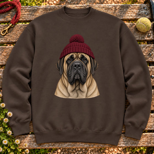 Dark Chocolate Mastiff hipster sweatshirt with a dog portrait in a chunky maroon beanie