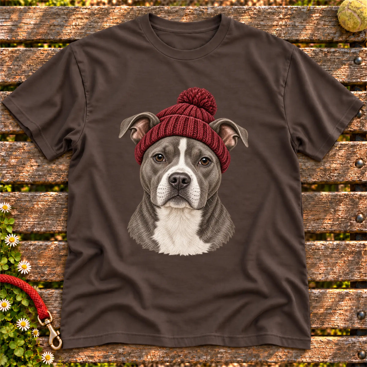 Dark Chocolate Pitbull hipster T-shirt with a dog portrait in a chunky maroon beanie