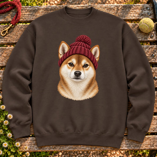 Dark Chocolate Shiba Inu hipster sweatshirt with a dog portrait in a chunky maroon beanie