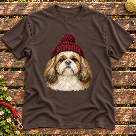 Dark Chocolate Shih Tzu hipster T-shirt with a dog portrait in a chunky maroon beanie