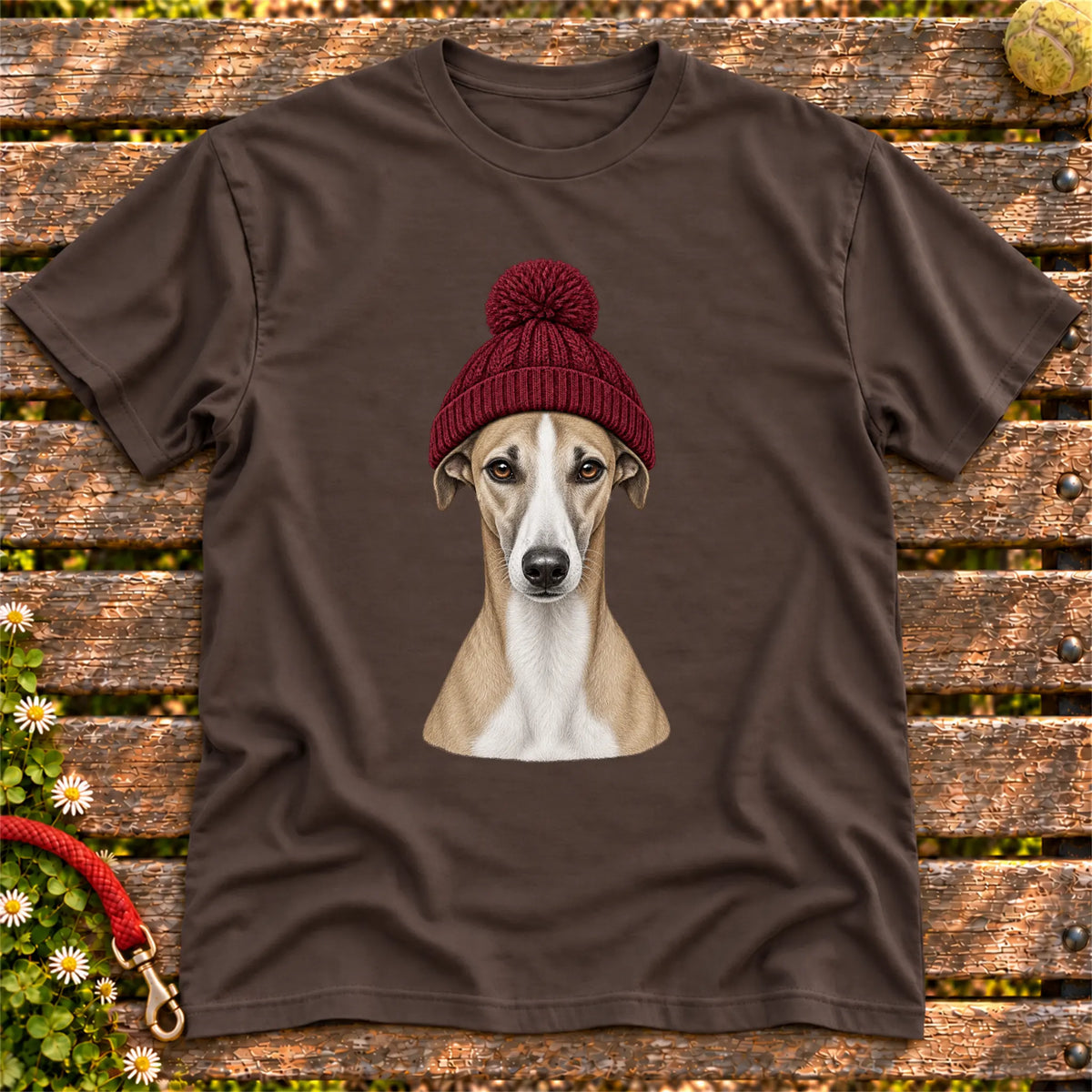 Dark Chocolate Whippet hipster T-shirt with a dog portrait in a chunky maroon beanie