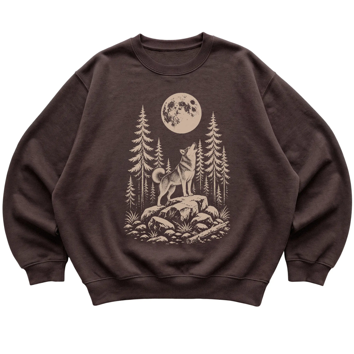 Close view of Husky Howling at the Moon artwork on Dark Chocolate crewneck sweatshirt