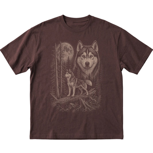 Husky Moonlit Forest graphic on a dark chocolate Softstyle T-shirt laid flat