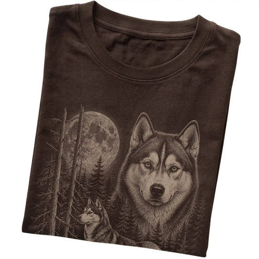Folded dark chocolate Softstyle T-shirt showing the Husky Moonlit Forest graphic