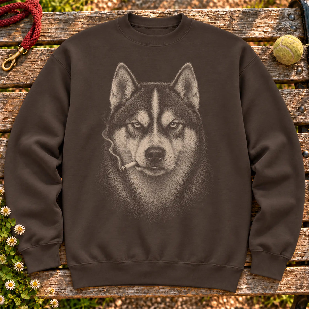 Husky smoking design on a Dark Chocolate sweatshirt