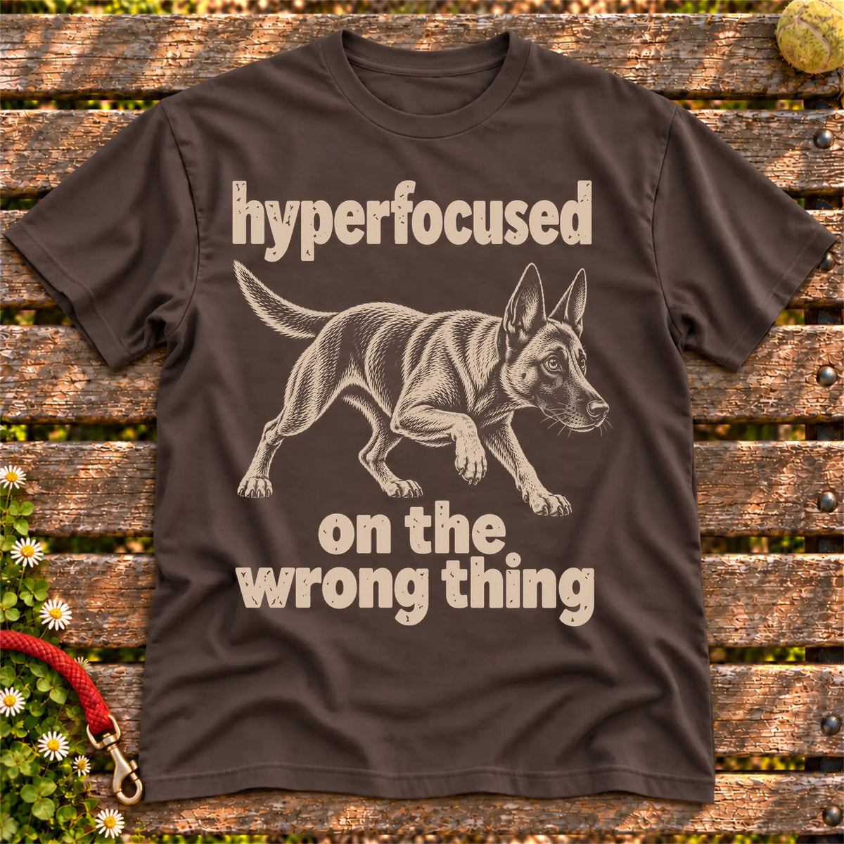 Dark Chocolate T-shirt with Belgian Malinois “hyperfocused on the wrong thing” design