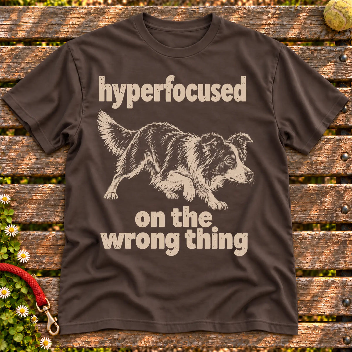 Dark Chocolate T-shirt with Border Collie “hyperfocused on the wrong thing” design