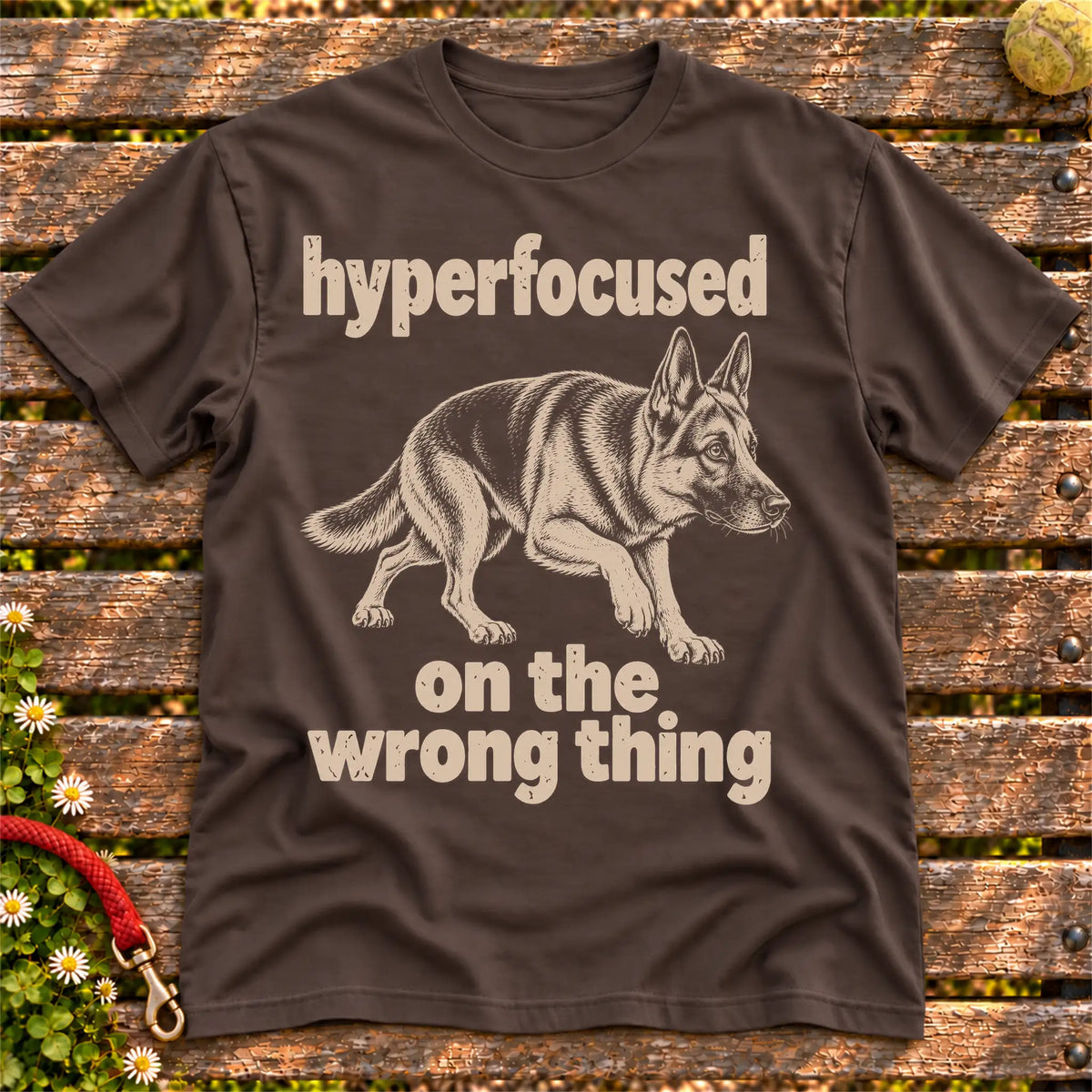 Dark Chocolate T-shirt with German Shepherd “hyperfocused on the wrong thing” design