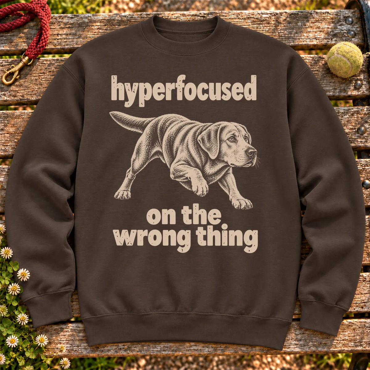 Dark Chocolate sweatshirt with Labrador Retriever “hyperfocused on the wrong thing” design
