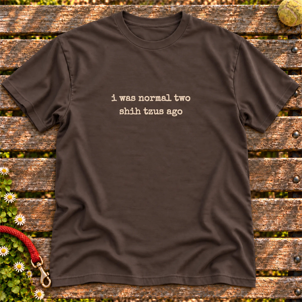 Two Shih Tzus Ago design on a Dark Chocolate T-shirt, shown flat