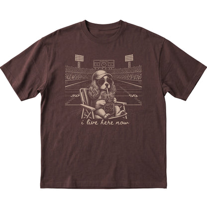 Dark Chocolate I live here now Cavalier King Charles Spaniel T-shirt, laid flat