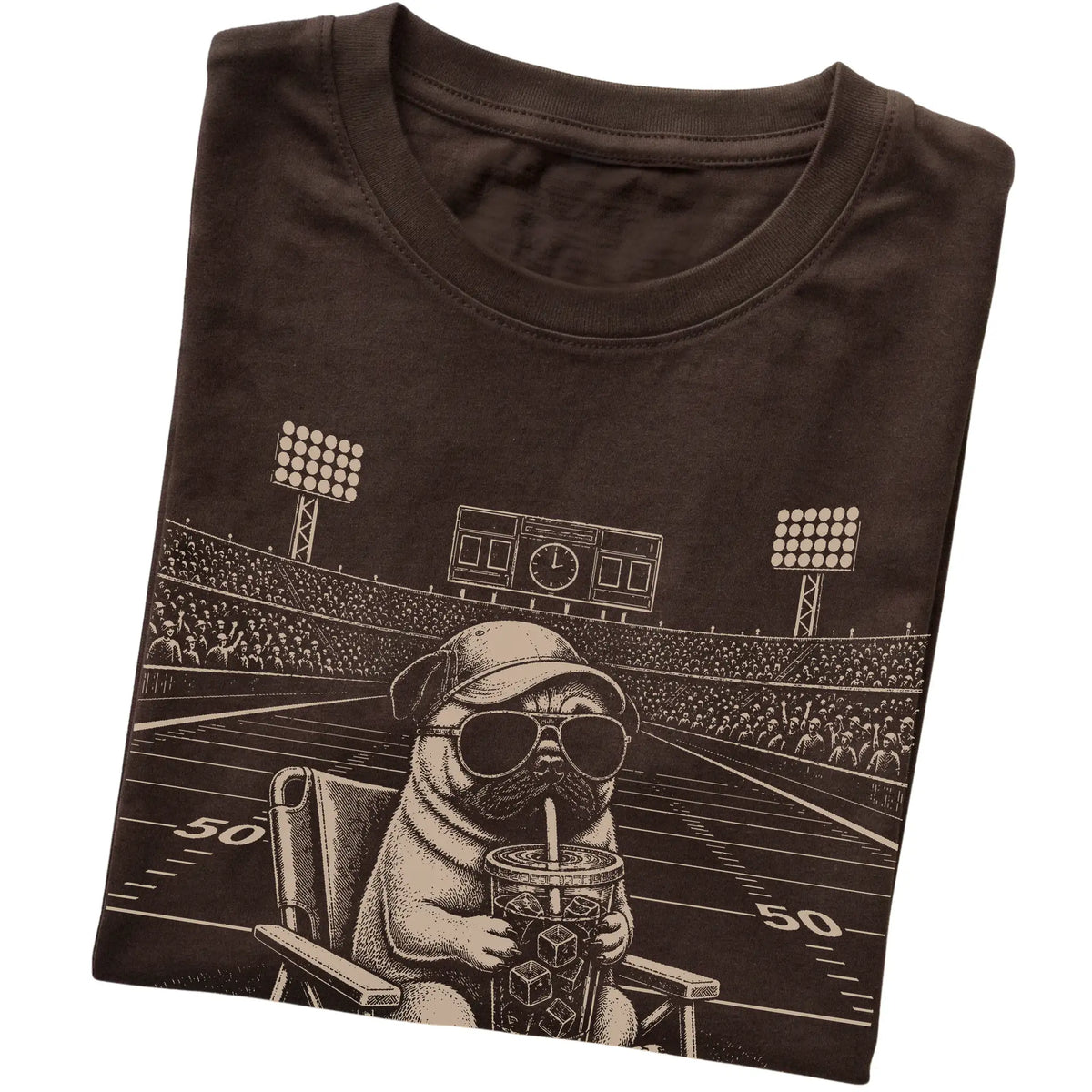 Dark Chocolate I live here now Pug T-shirt, folded