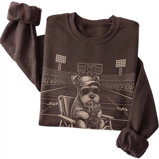 Dark Chocolate I live here now Schnauzer sweatshirt, folded