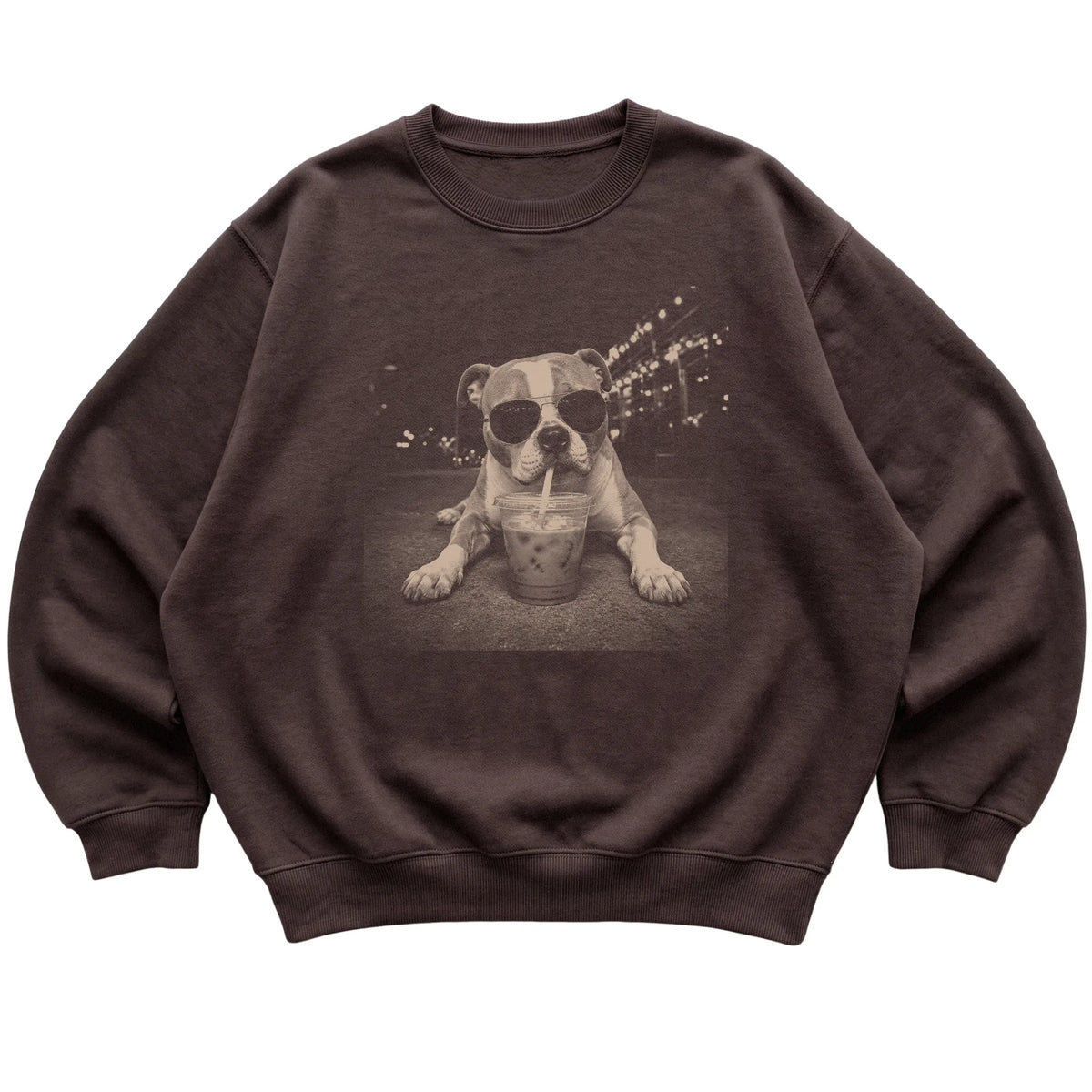 American Bulldog wearing aviator sunglasses and drinking iced coffee on a Dark Chocolate Gildan Heavy Blend Crewneck Sweatshirt, flat lay view