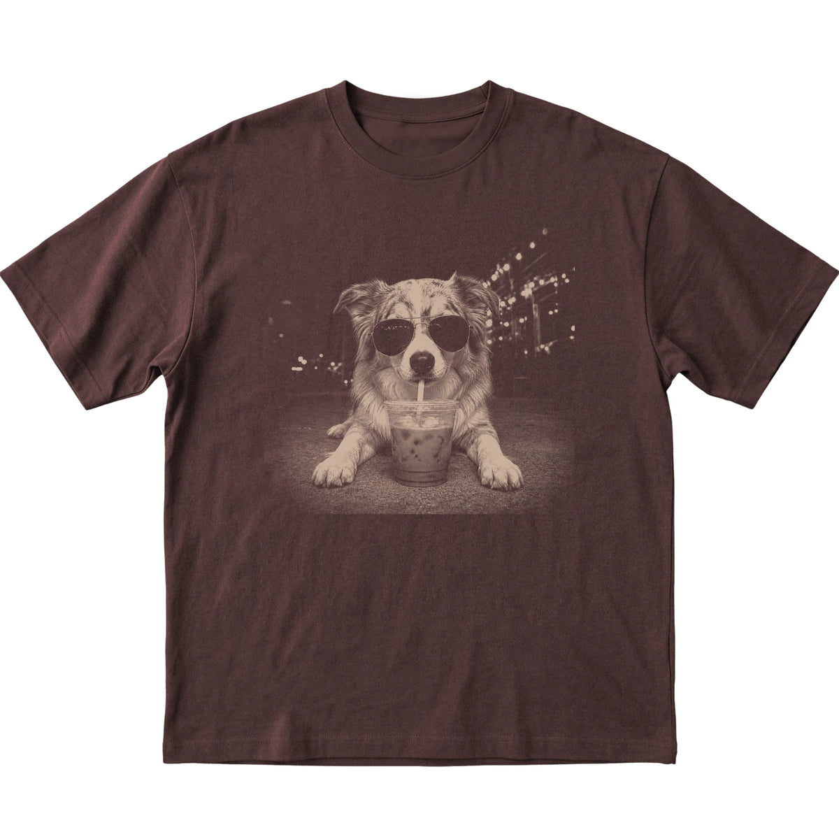 Australian Shepherd wearing aviator sunglasses and drinking iced coffee on a Dark Chocolate Gildan Softstyle T-Shirt, flat lay view