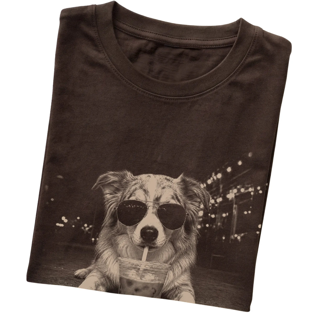 Australian Shepherd wearing aviator sunglasses and drinking iced coffee on a Dark Chocolate Gildan Softstyle T-Shirt, folded view