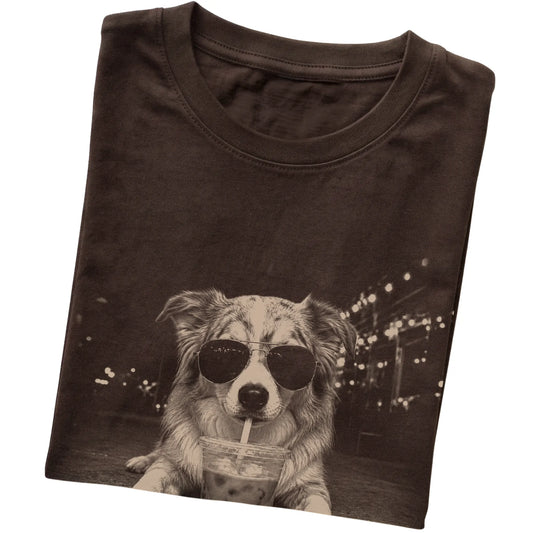 Australian Shepherd wearing aviator sunglasses and drinking iced coffee on a Dark Chocolate Gildan Softstyle T-Shirt, folded view
