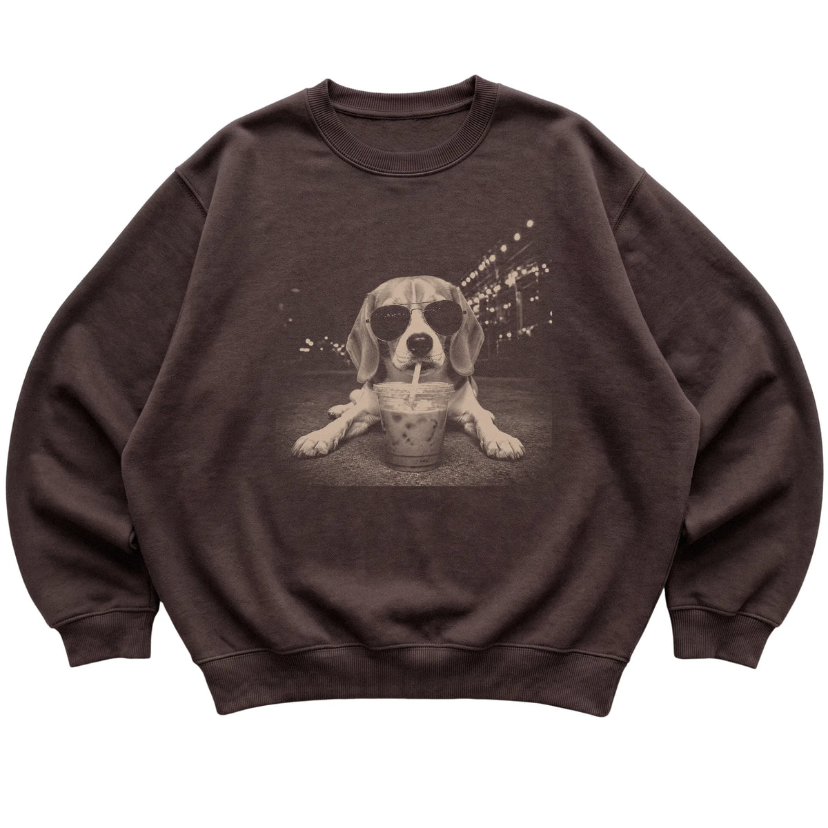 Beagle wearing aviator sunglasses and drinking iced coffee on a Dark Chocolate Gildan Heavy Blend Crewneck Sweatshirt, flat lay view