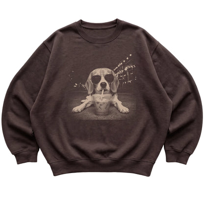 Beagle wearing aviator sunglasses and drinking iced coffee on a Dark Chocolate Gildan Heavy Blend Crewneck Sweatshirt, flat lay view