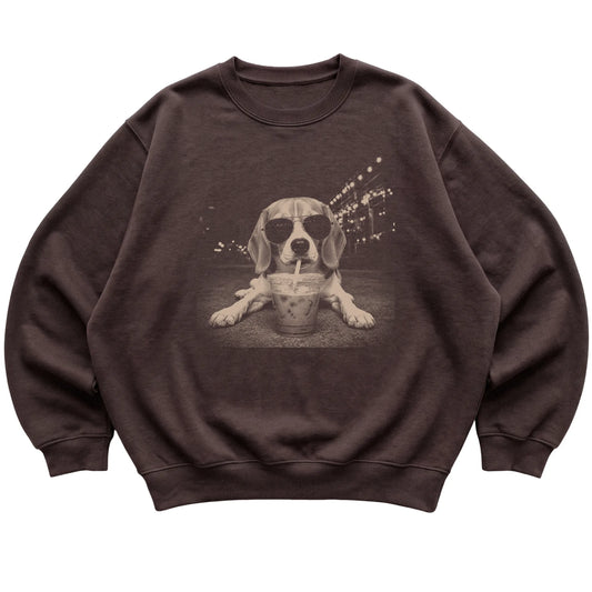 Beagle wearing aviator sunglasses and drinking iced coffee on a Dark Chocolate Gildan Heavy Blend Crewneck Sweatshirt, flat lay view