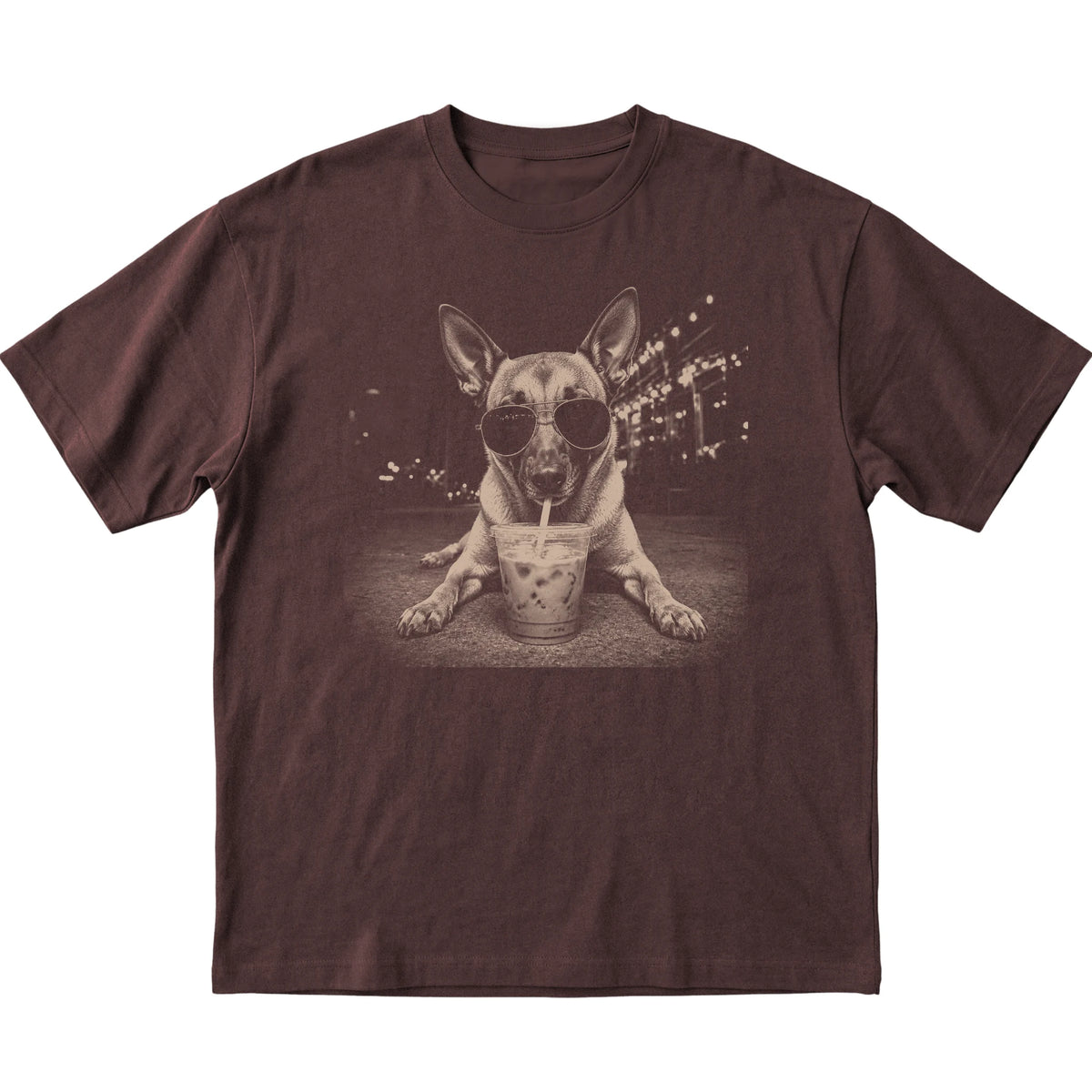 Belgian Malinois wearing aviator sunglasses and drinking iced coffee on a Dark Chocolate Gildan Softstyle T-Shirt, flat lay view
