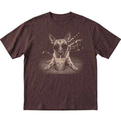 Belgian Malinois wearing aviator sunglasses and drinking iced coffee on a Dark Chocolate Gildan Softstyle T-Shirt, flat lay view