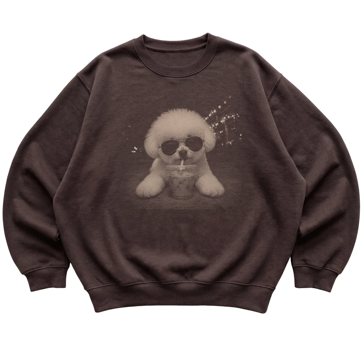 Bichon Frise wearing aviator sunglasses and drinking iced coffee on a Dark Chocolate Gildan Heavy Blend Crewneck Sweatshirt, flat lay view