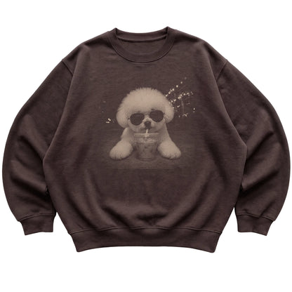 Bichon Frise wearing aviator sunglasses and drinking iced coffee on a Dark Chocolate Gildan Heavy Blend Crewneck Sweatshirt, flat lay view