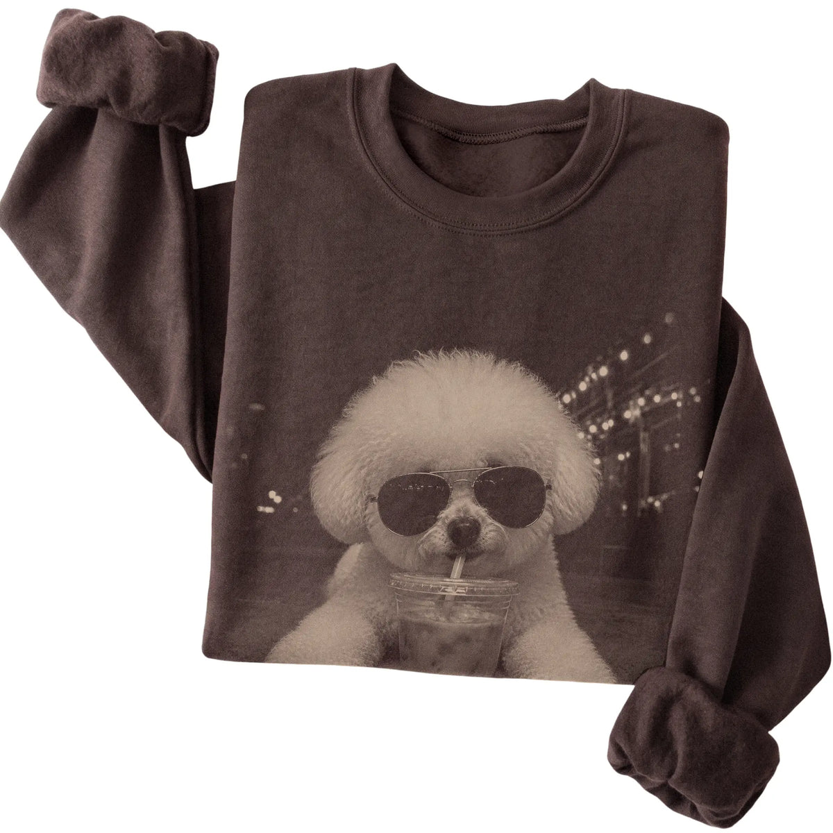 Bichon Frise wearing aviator sunglasses and drinking iced coffee on a Dark Chocolate Gildan Heavy Blend Crewneck Sweatshirt, folded view